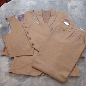 Tony Blake 3pc Suit 38R Brown Taupe Jacket Vest 32W Pants Polyester Office Work